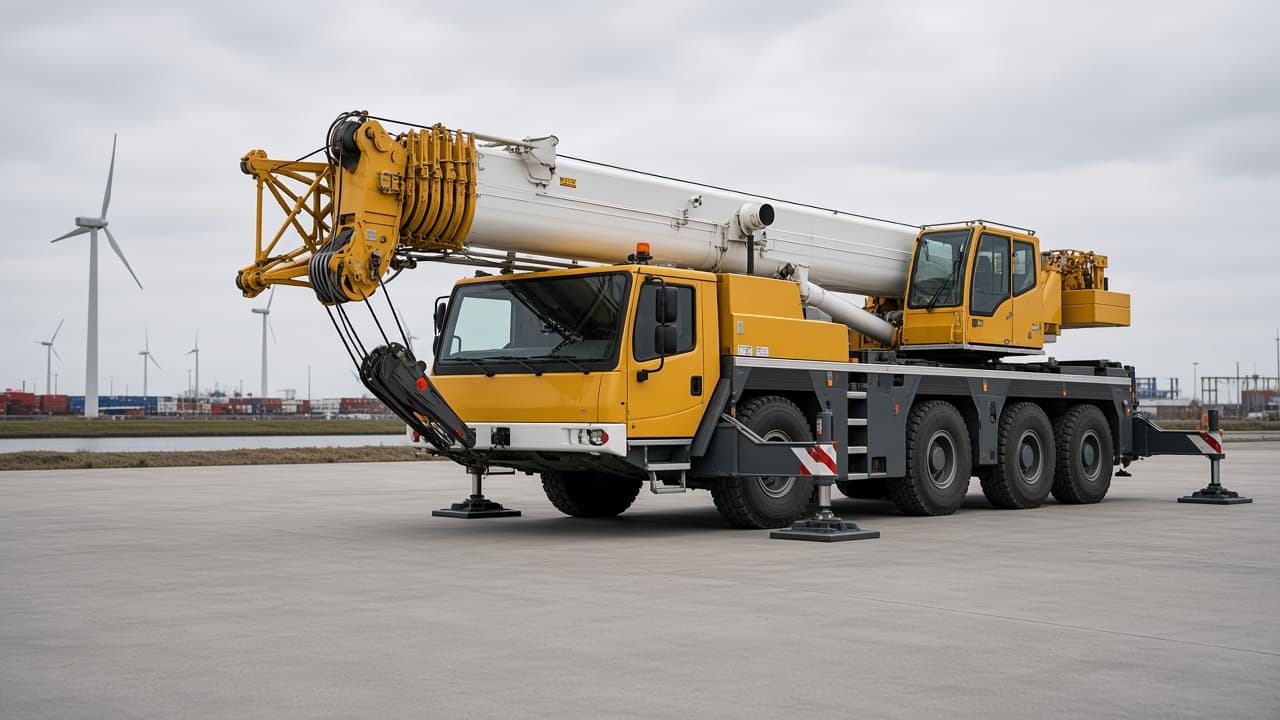 Gele mobiele kraan op een industrieel terrein