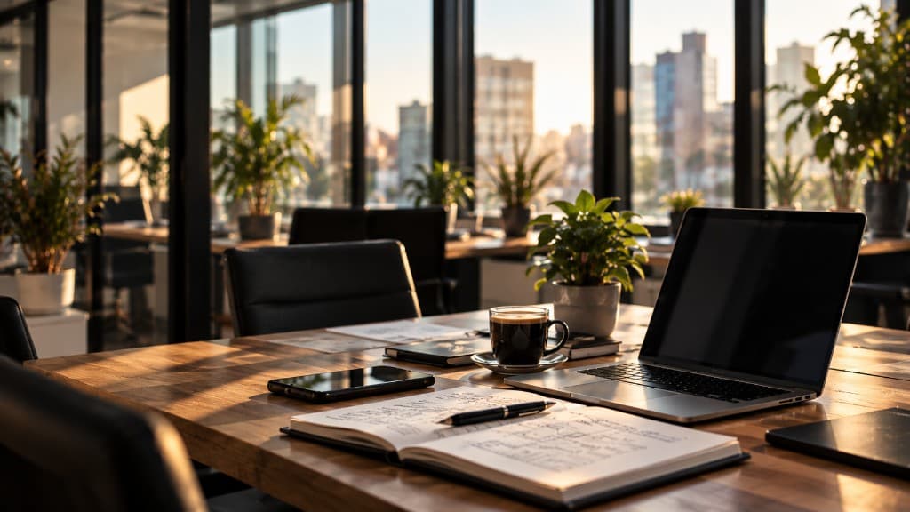 Werkplek met laptop, koffie en notitieboek in een kantoor met uitzicht op de stad