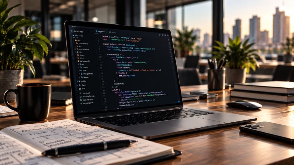 Laptop met code op een bureau