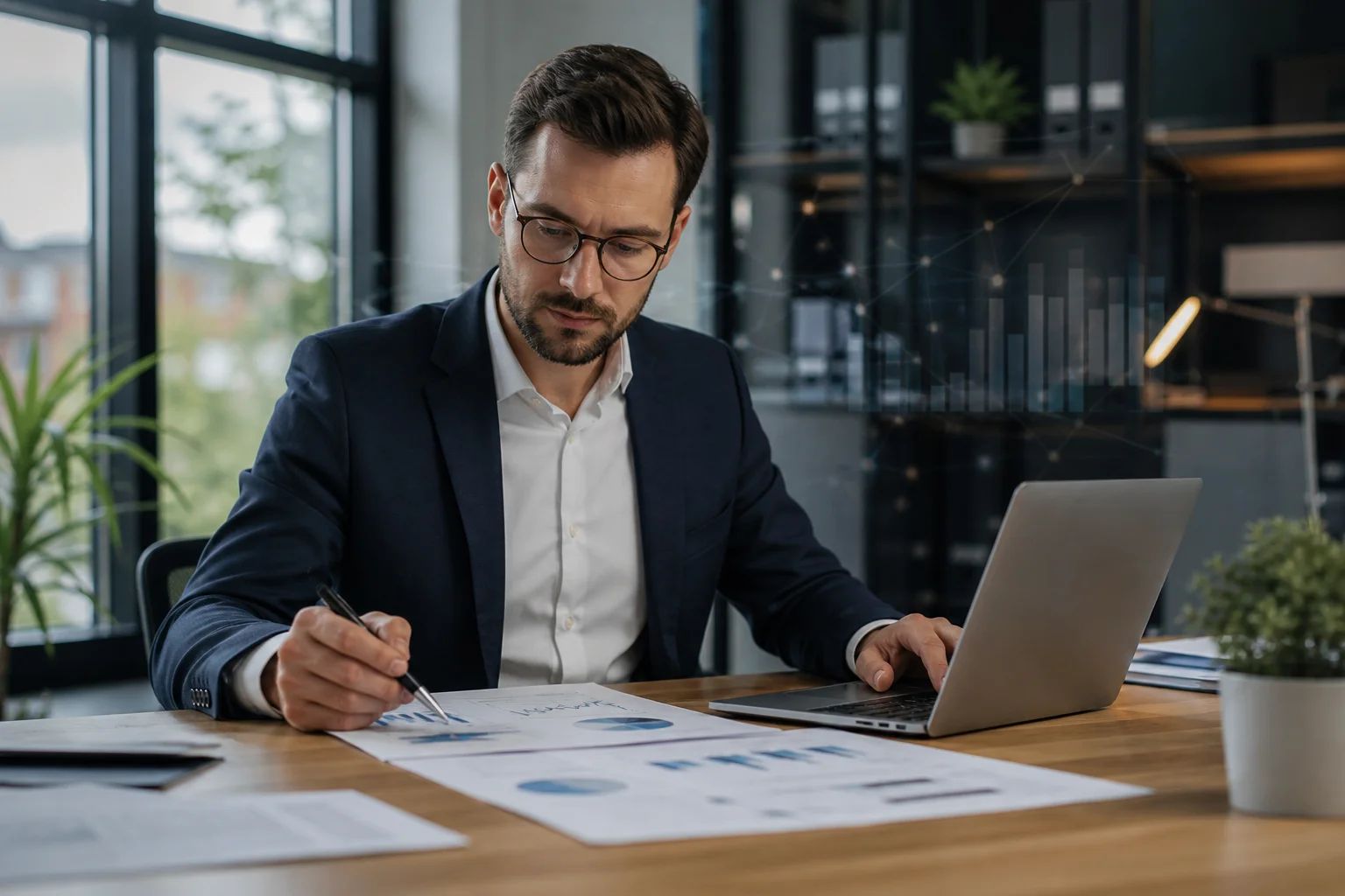Accountant in een Nederlands kantoor met financiële documenten en laptop