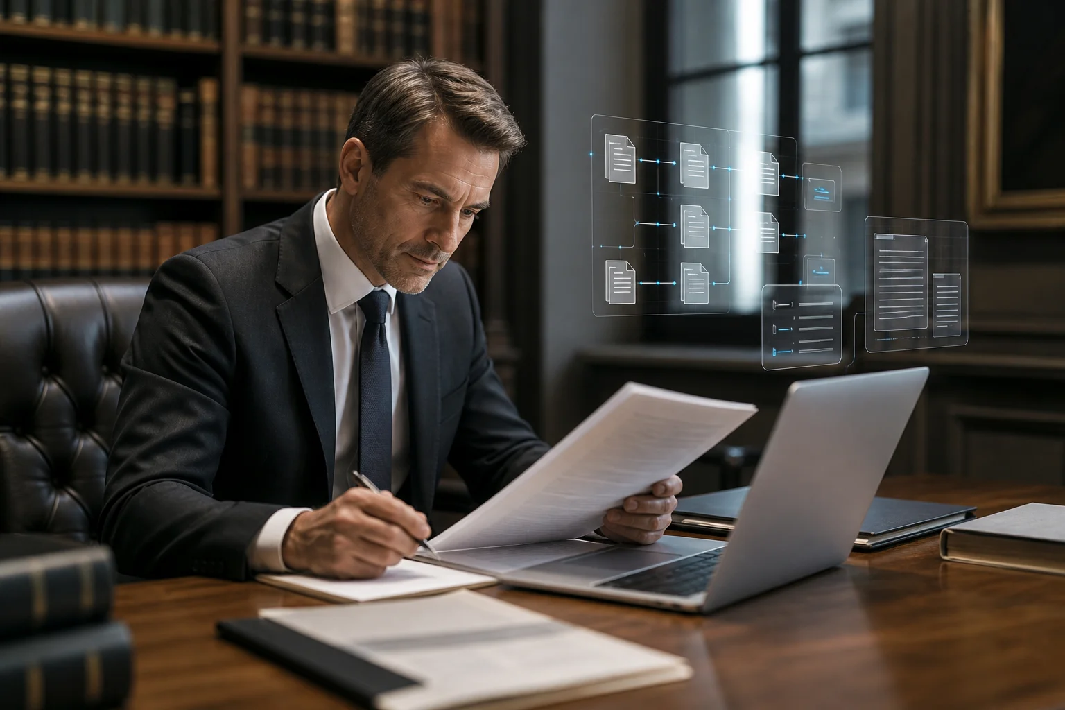 Juridisch professional die documenten beoordeelt in een kantoor