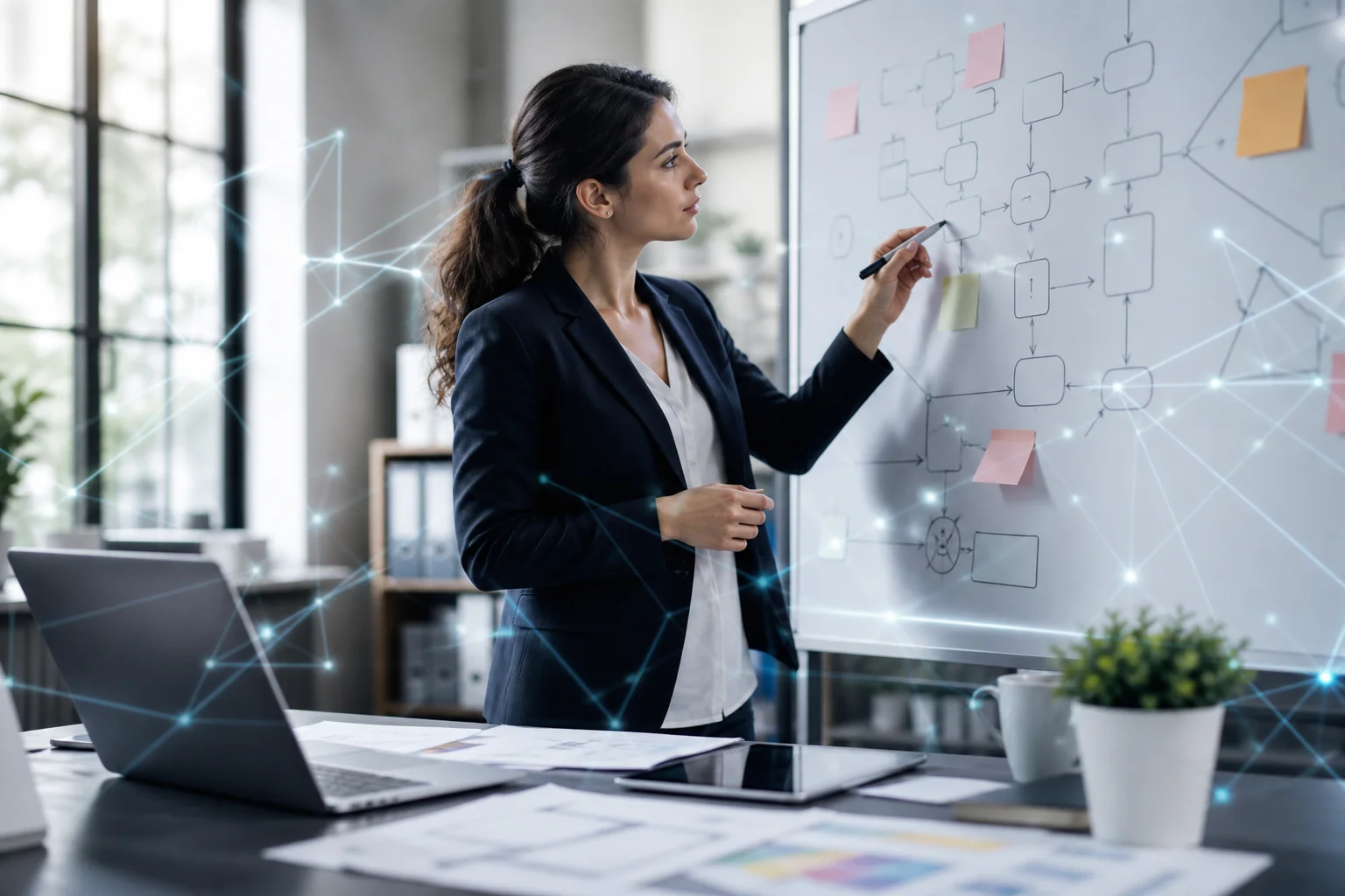 Business analyst die een workflow plant met whiteboard en laptop