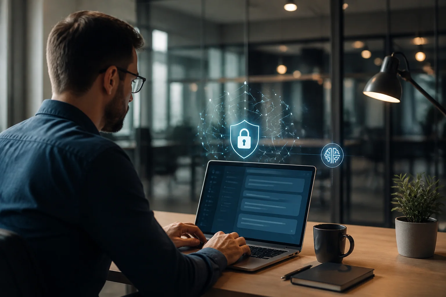 Professionele medewerker die een AI-chatinterface gebruikt op kantoor