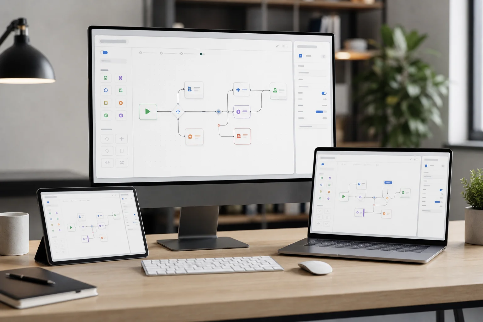 Technologische werkplek met abstracte workflow-builder interfaces